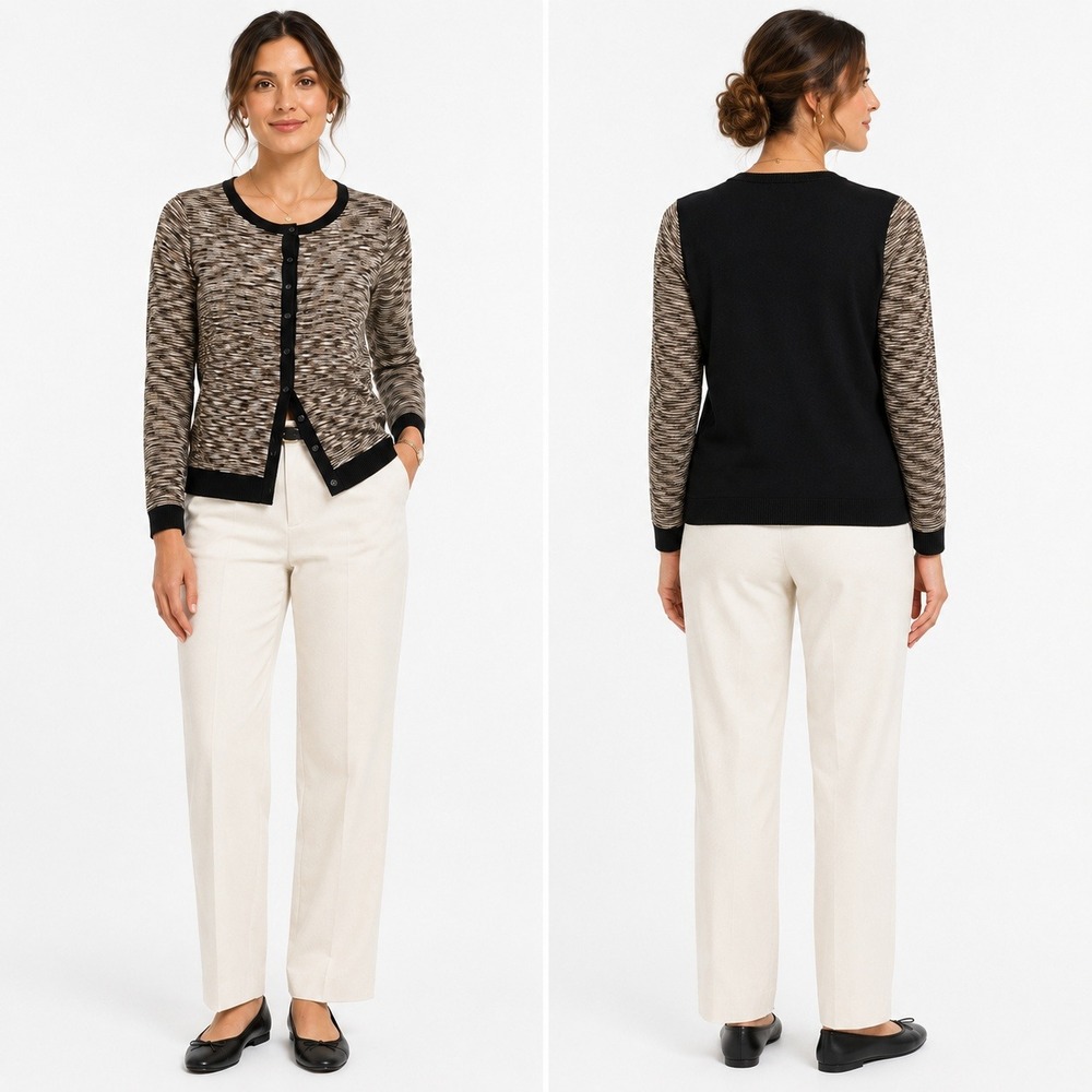 Vila Milano Space Dye Cardigan Black Tan Womens M Quiet Luxury Workwear Layering